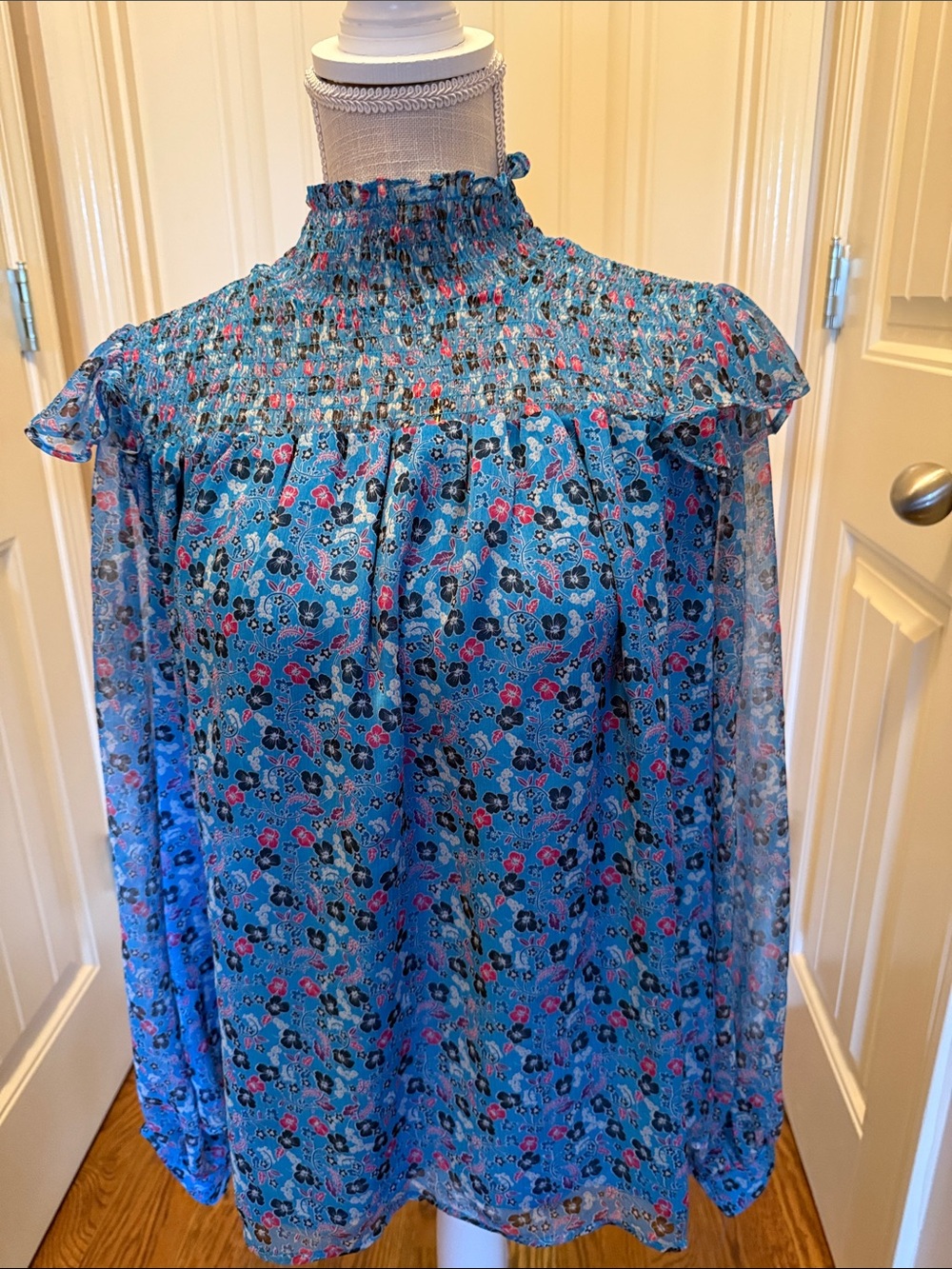 CeCe Blue Floral Smocked High-Neck Blouse with Pink Accents
